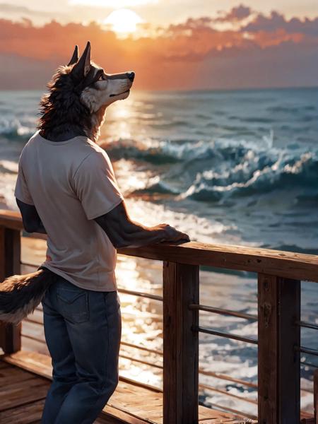 45701-1691385465-A Long Shot,Profile Shot, A dashing male wolf furry in a casual t-shirt and jeans leans against the railing of a boardwalk overl.png